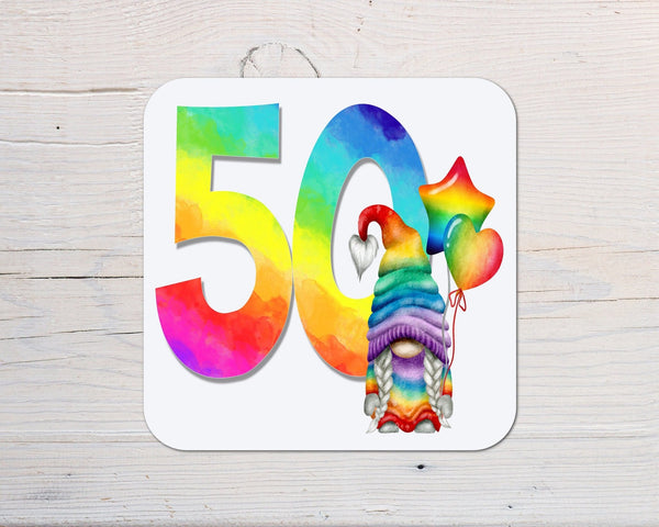 Ages Rainbow Gonk Coaster personalised with any wording - choose age - Rainbowprint.uk