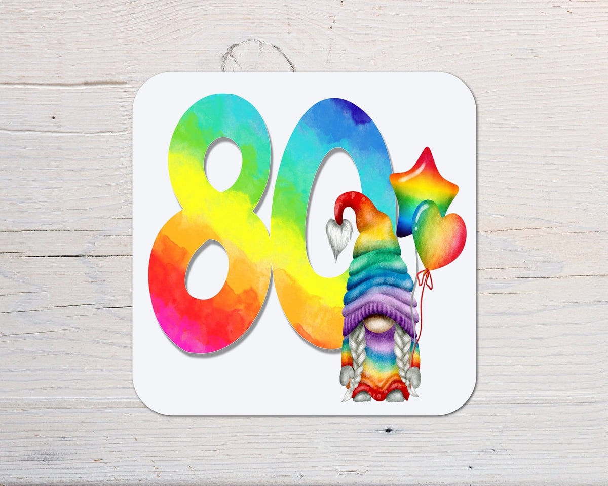 Ages Rainbow Gonk Coaster personalised with any wording - choose age - Rainbowprint.uk