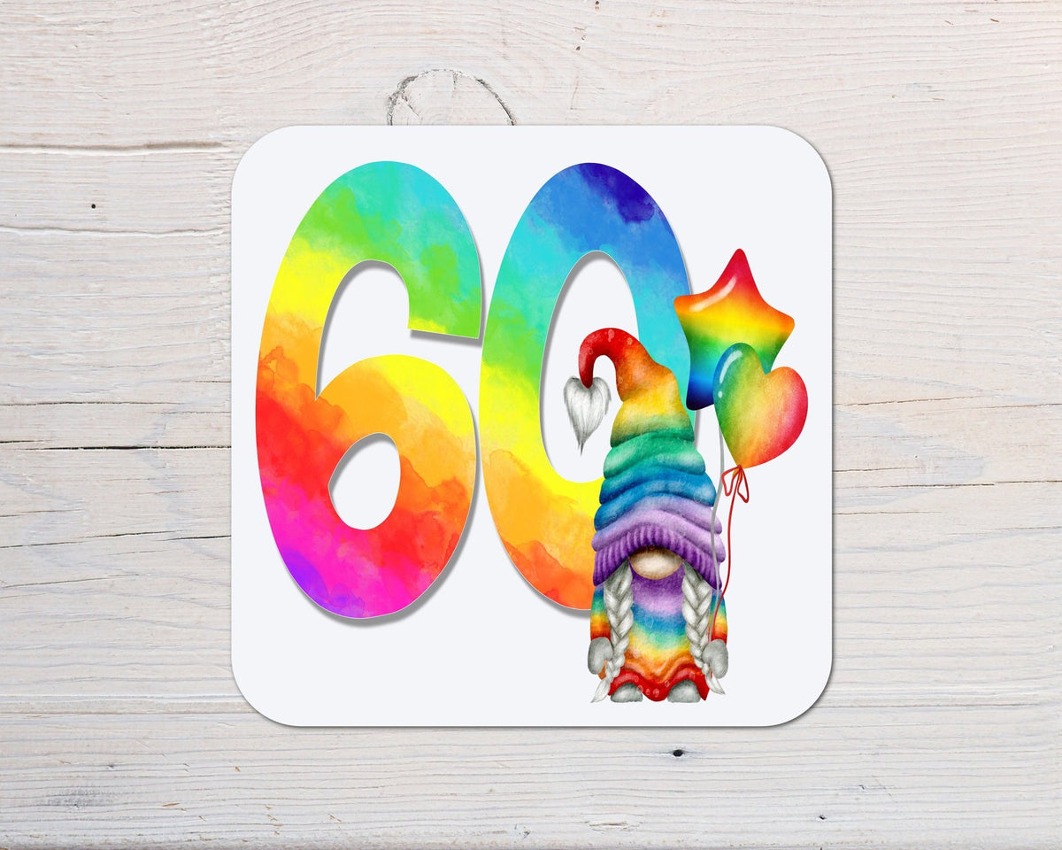 Ages Rainbow Gonk Coaster personalised with any wording - choose age - Rainbowprint.uk