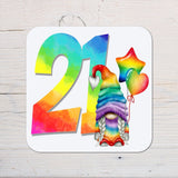 Ages Rainbow Gonk Coaster personalised with any wording - choose age - Rainbowprint.uk