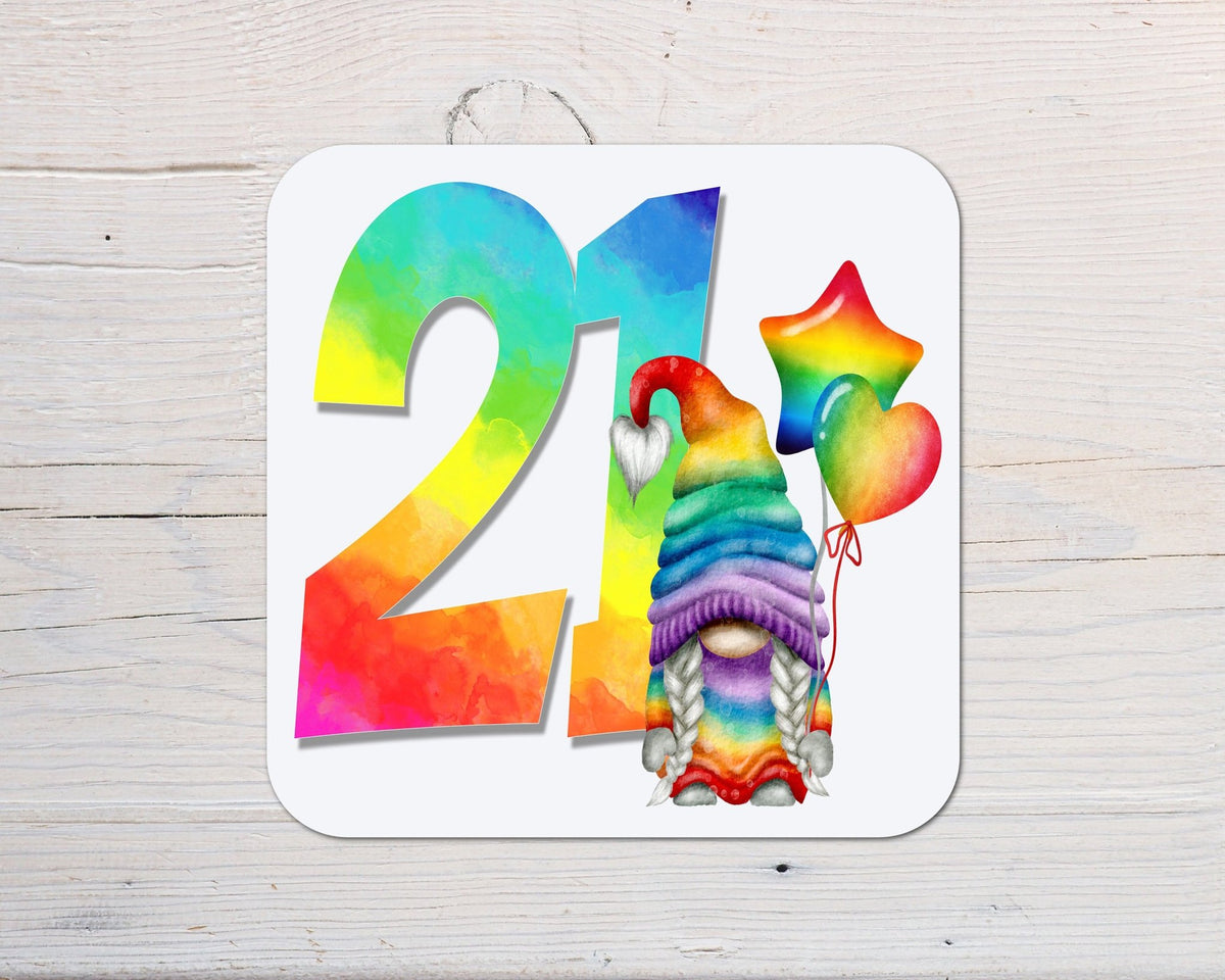 Ages Rainbow Gonk Coaster personalised with any wording - choose age - Rainbowprint.uk