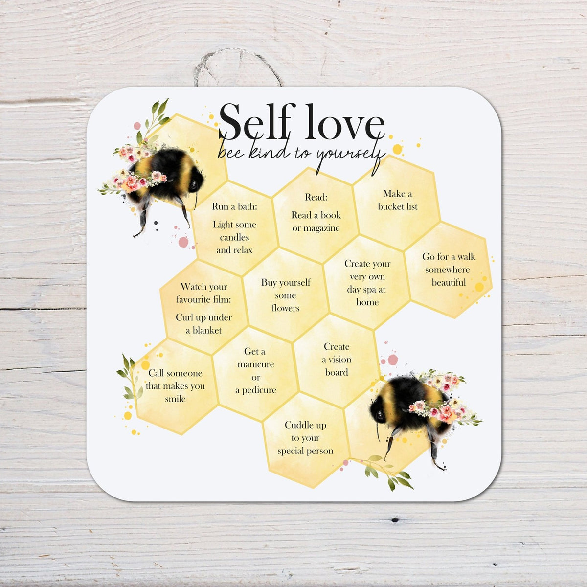 Bee Honeycomb Self Love Motivational Coaster personalised with any wording - Rainbowprint.uk