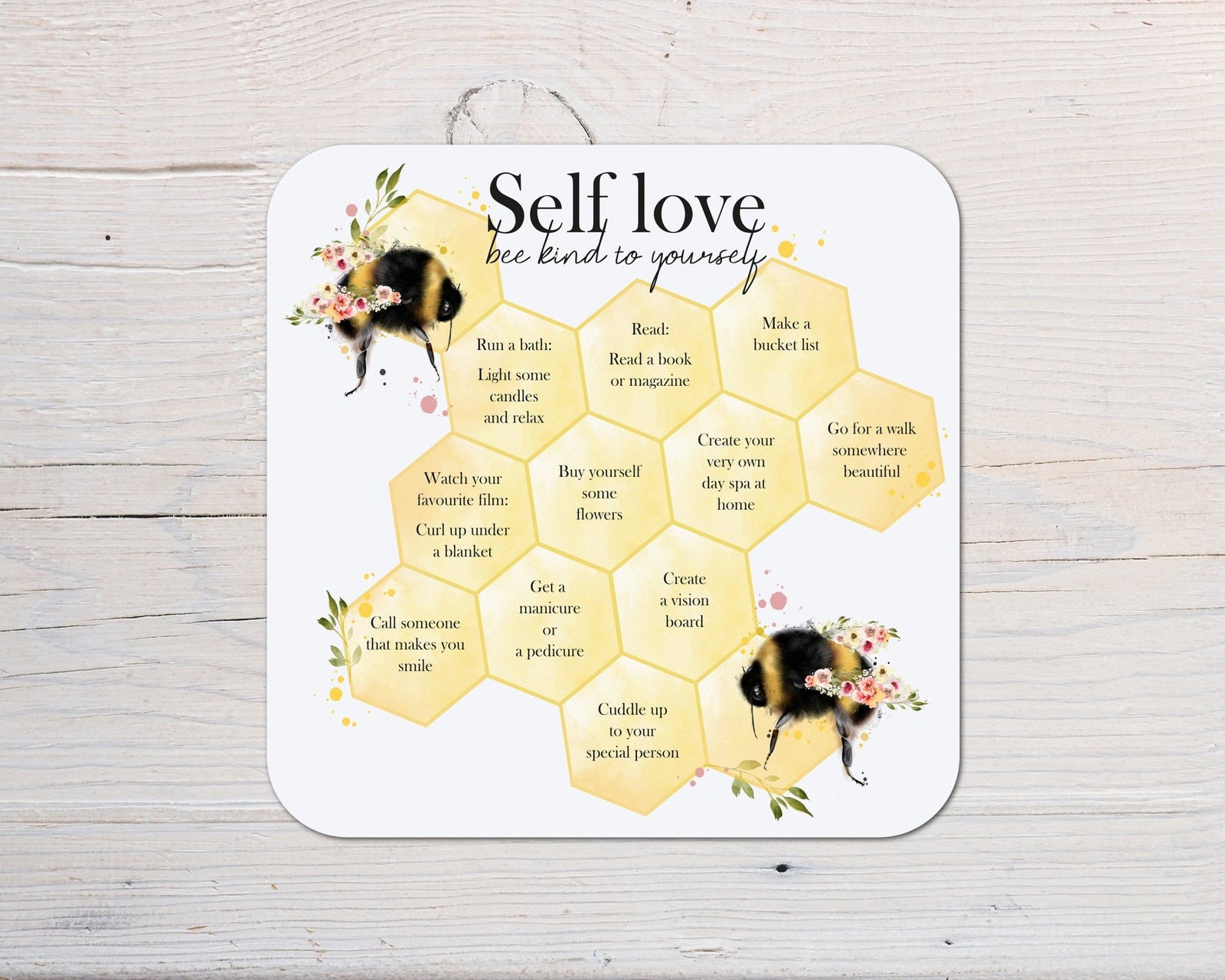 Bee Honeycomb Self Love Motivational Coaster personalised with any wording - Rainbowprint.uk
