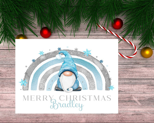 Christmas Card Blue Gonk and Rainbow - Personalised A5 Glossy Greetings Card - Rainbowprint.uk