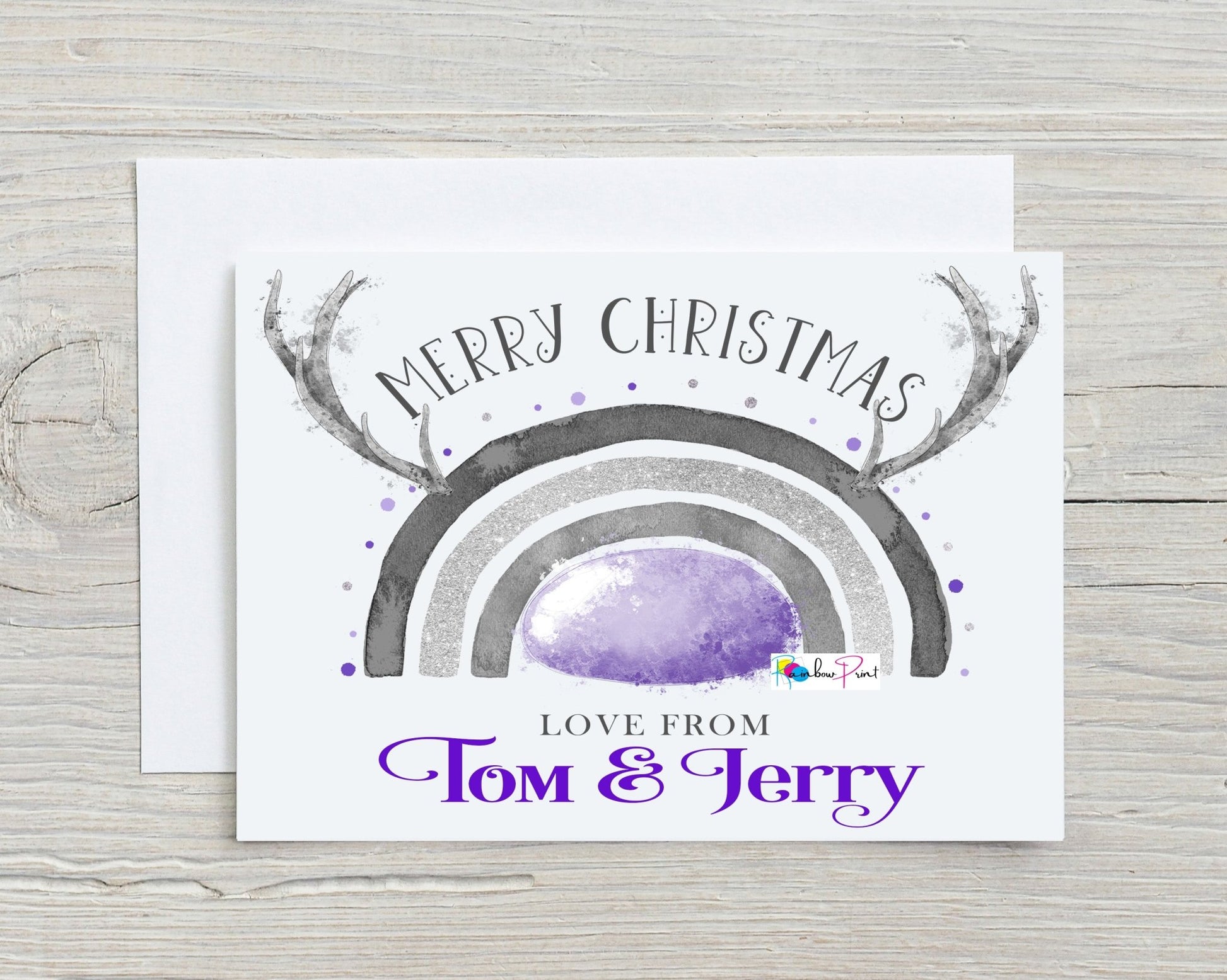 Christmas Card Lilac with Antlers - Personalised A5 Glossy Greetings Card - Rainbowprint.uk