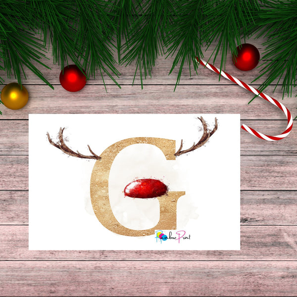 Christmas Card Reindeer and Red Nose - Personalised Initial A5 Glossy Greetings Card - Rainbowprint.uk