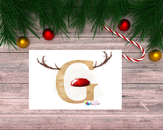 Christmas Card Reindeer and Red Nose - Personalised Initial A5 Glossy Greetings Card - Rainbowprint.uk
