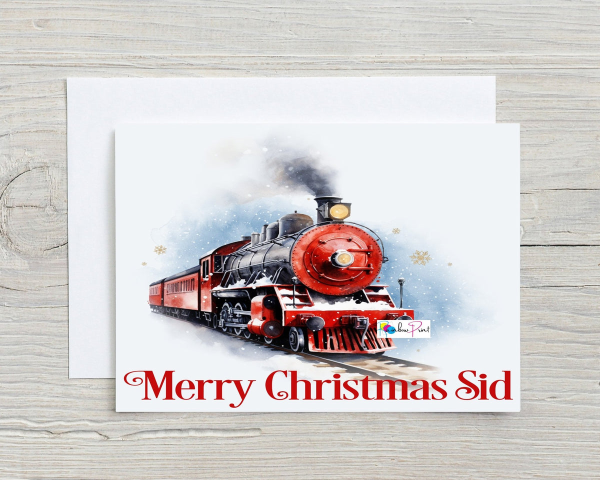 Christmas Card Steam Train, Red or Blue - Personalised A5 Glossy Greetings Card - Rainbowprint.uk