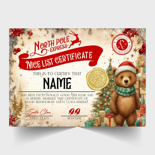 Christmas North Pole Nice List Certificate Personalised with Any Name - Bear Version - Rainbowprint.uk