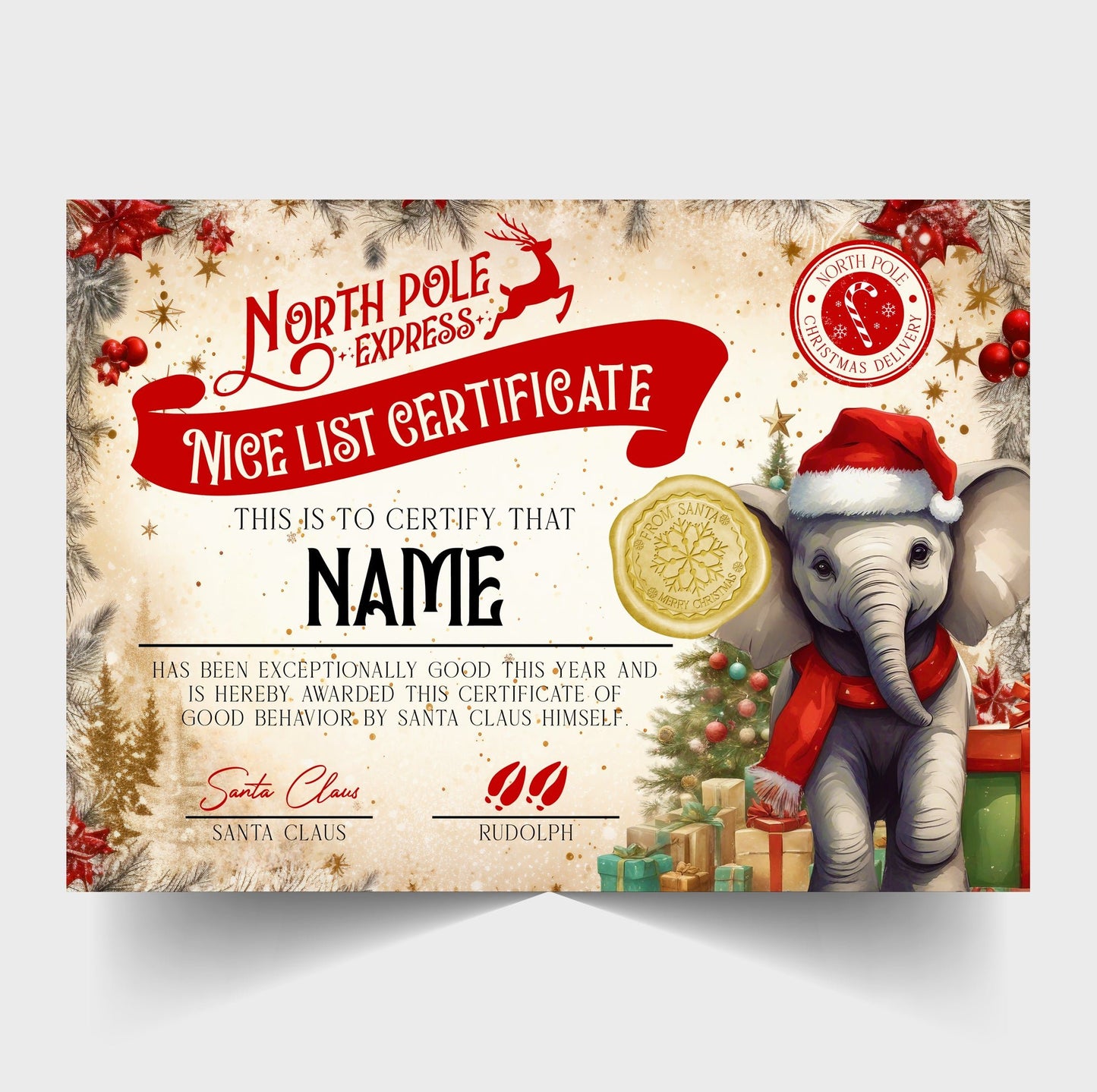 Christmas North Pole Nice List Certificate Personalised with Any Name - Elephant Version - Rainbowprint.uk