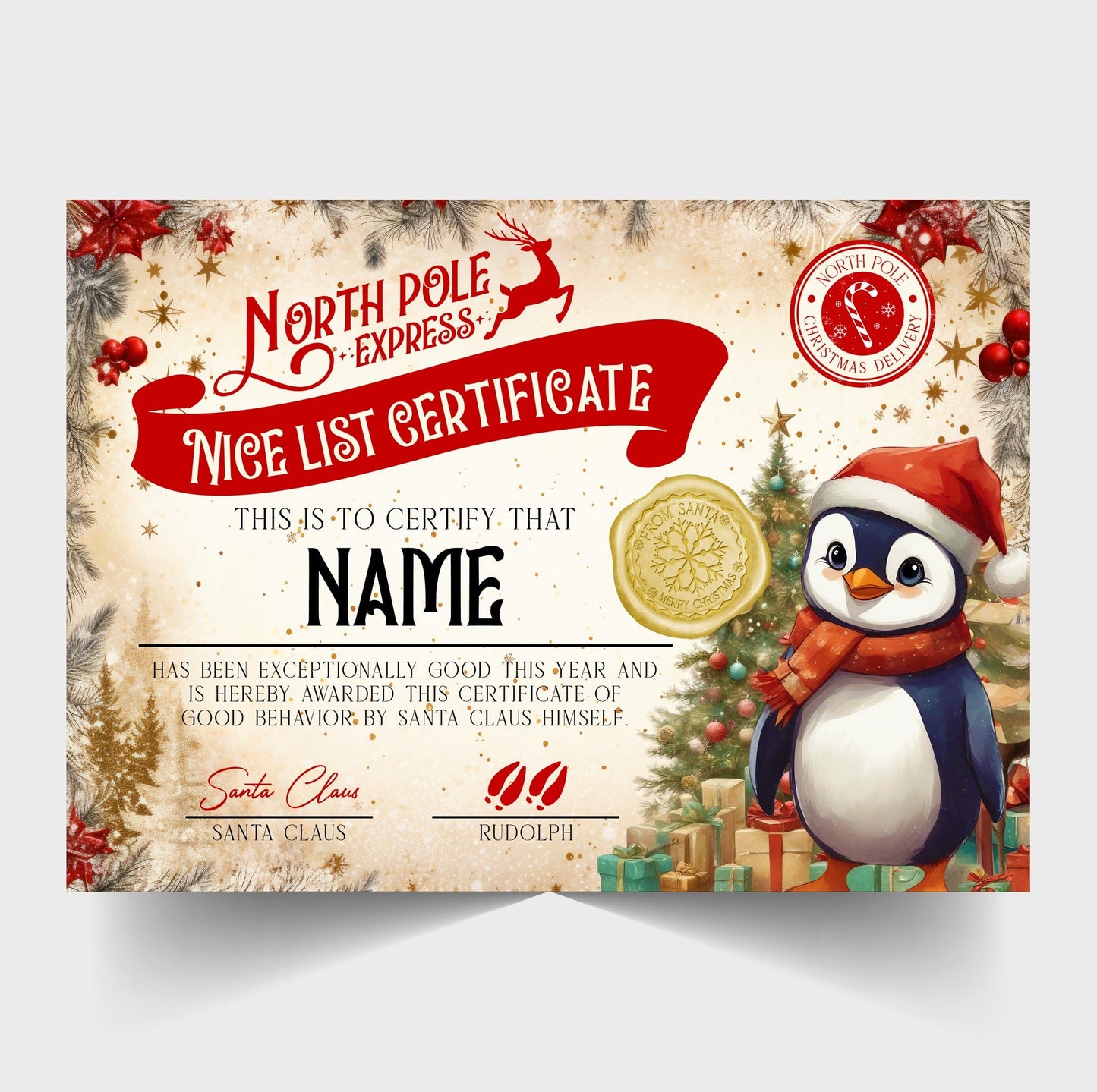 Christmas North Pole Nice List Certificate Personalised with Any Name - Penguin Version - Rainbowprint.uk