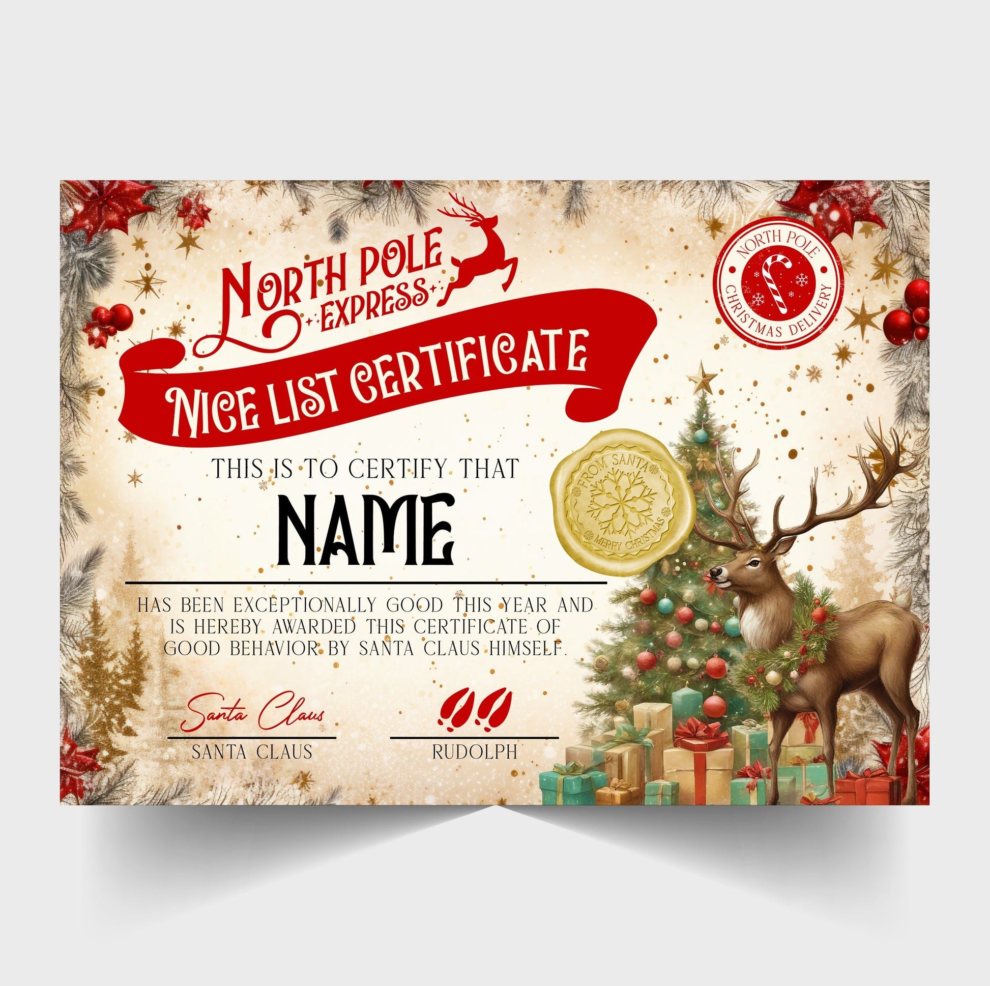 Christmas North Pole Nice List Certificate Personalised with Any Name - Reindeer Version - Rainbowprint.uk
