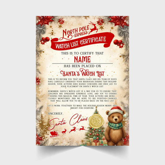 Christmas Watch List Certificate Personalised with Any Name - Bear Version - Rainbowprint.uk