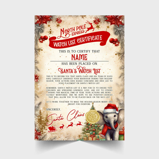 Christmas Watch List Certificate Personalised with Any Name - Elephant Version - Rainbowprint.uk