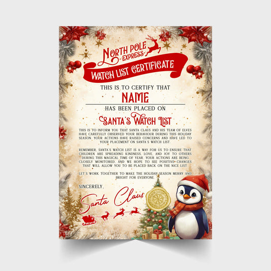 Christmas Watch List Certificate Personalised with Any Name - Penguin Version - Rainbowprint.uk