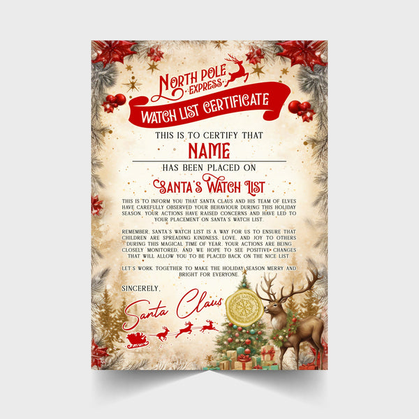 Christmas Watch List Certificate Personalised with Any Name - Reindeer Version - Rainbowprint.uk