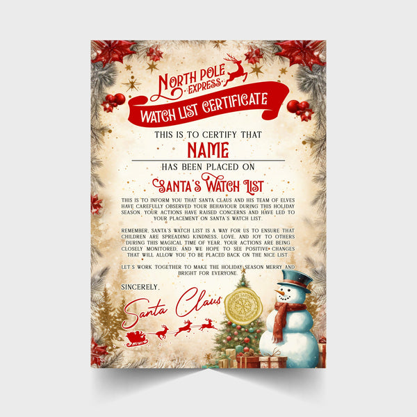 Christmas Watch List Certificate Personalised with Any Name - Snowman Version - Rainbowprint.uk