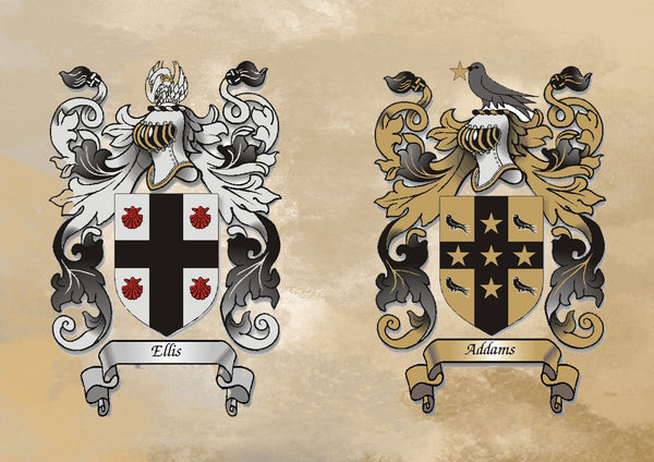 Couples double coat of arms gift wall print family crests in vintage style
