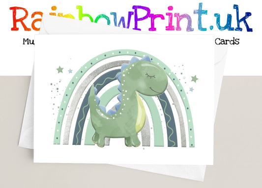 Cute Dinosaur and Rainbow - Personalised A5 Glossy Greetings Card - Rainbowprint.uk