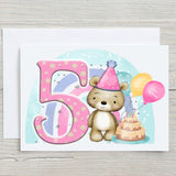 Rainbowprintshop birthday card featuring a cute bear with a party hat beside a large pink number 5 and birthday cake