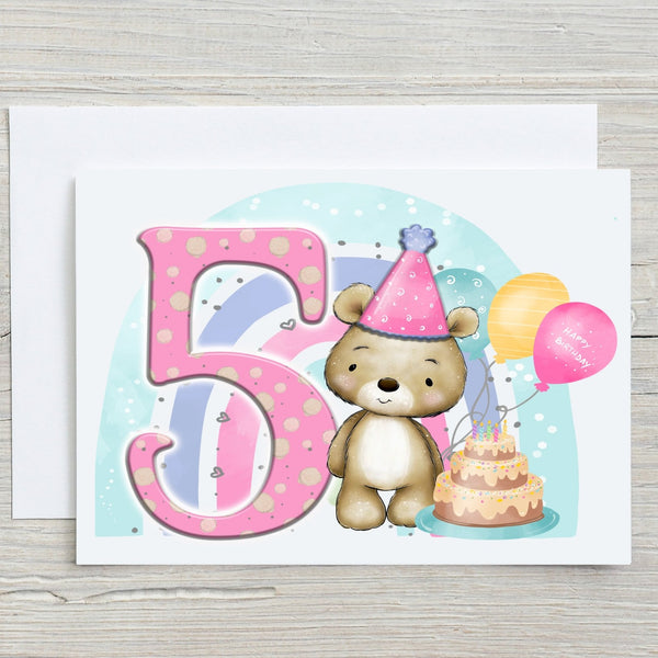 Rainbowprintshop birthday card featuring a cute bear with a party hat beside a large pink number 5 and birthday cake
