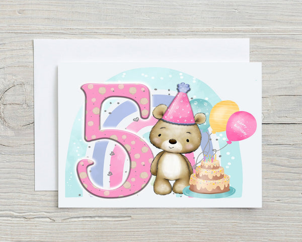 Rainbowprintshop birthday card featuring a cute bear with a party hat beside a large pink number 5 and birthday cake