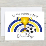 Football Card Blue Yellows Oxford featuring a gold trophy, football, and rainbow design for daddy