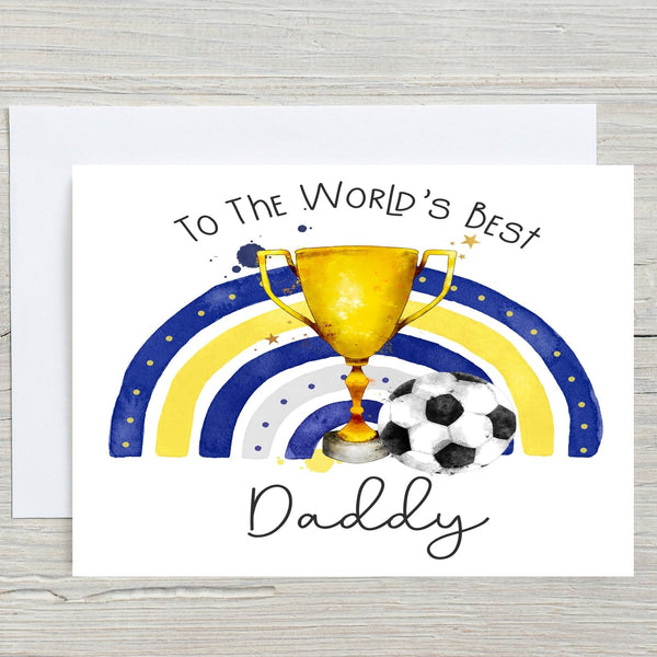 Football Card Blue Yellows Oxford featuring a gold trophy, football, and rainbow design for daddy