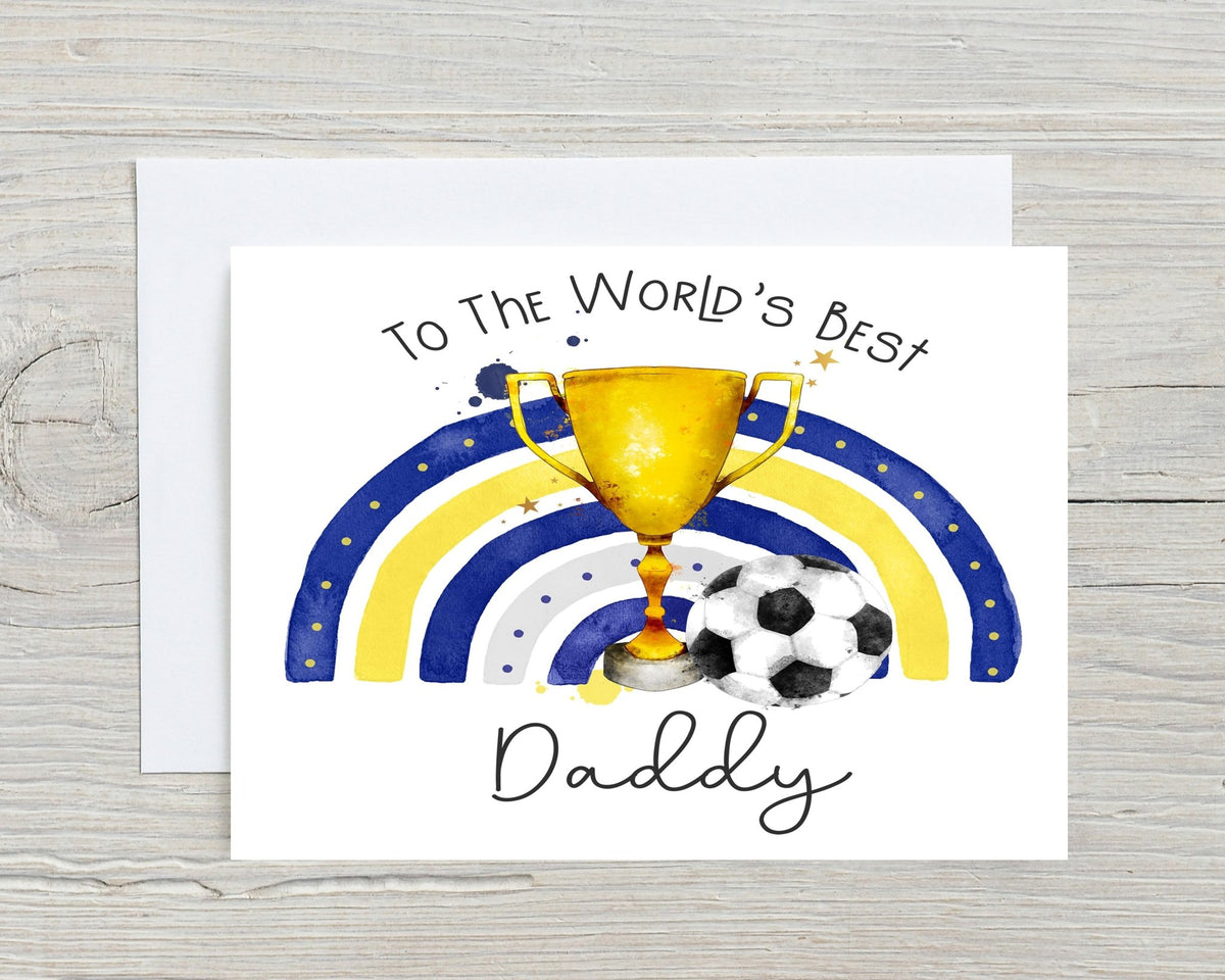 Football Card Blue Yellows Oxford featuring a gold trophy, football, and rainbow design for daddy