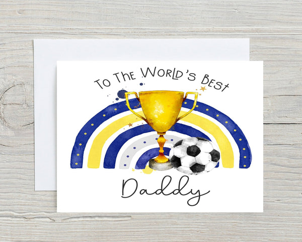 Football Card Blue Yellows Oxford featuring a gold trophy, football, and rainbow design for daddy