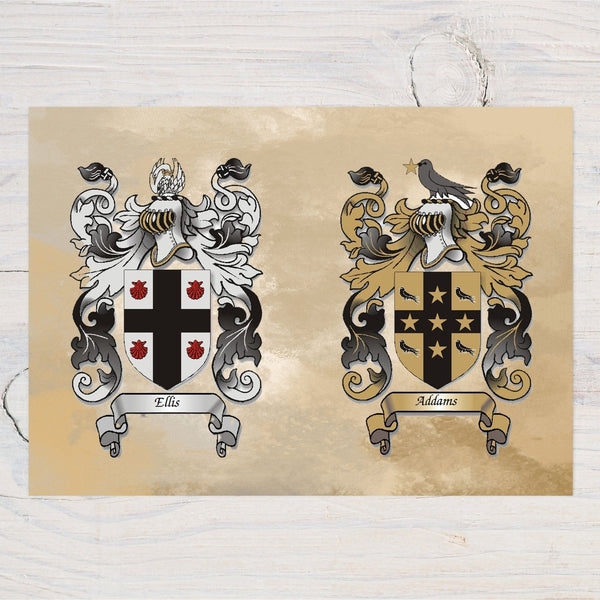 Framed Heraldry/Genealogy/Family Crest/Family Name/Coat of Arms/Surname Double Crest A4 Wall Print for Couple - Rainbowprint.uk