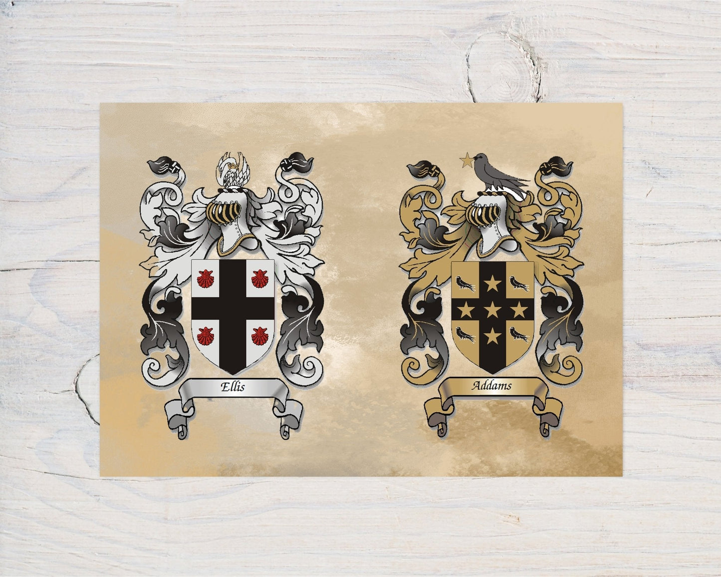 Framed Heraldry/Genealogy/Family Crest/Family Name/Coat of Arms/Surname Double Crest A4 Wall Print for Couple - Rainbowprint.uk