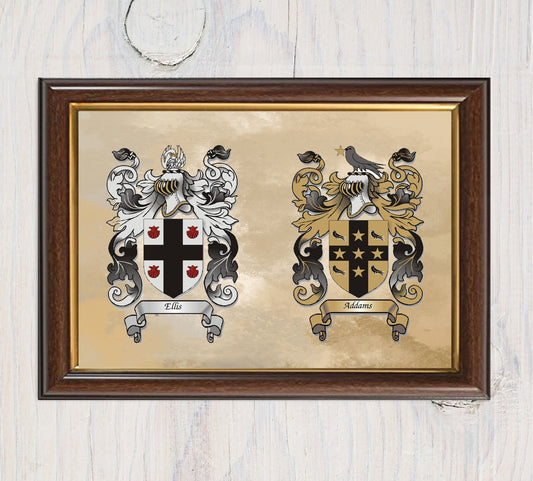 Framed Heraldry/Genealogy/Family Crest/Family Name/Coat of Arms/Surname Double Crest A4 Wall Print for Couple - Rainbowprint.uk