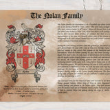 Surname history print wall art detailed family crest and historical background text