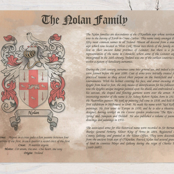 Surname history wall art print Family crest with detailed family history text
