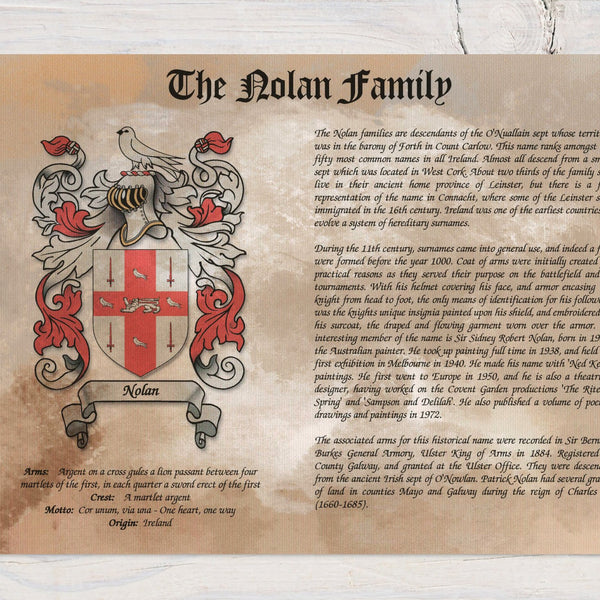Surname history wall art detailed family crest and historical background text