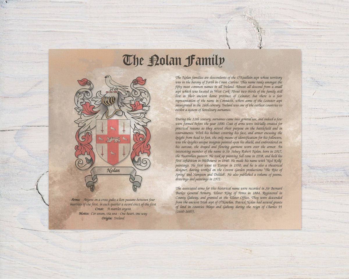 Surname history wall art print family crest and detailed family history text