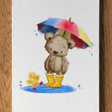 Teddy Bear with Rainbow Umbrella Personalised A4 Wall Print - rainbowprintshop