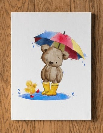 Teddy Bear with Rainbow Umbrella Personalised A4 Wall Print - rainbowprintshop