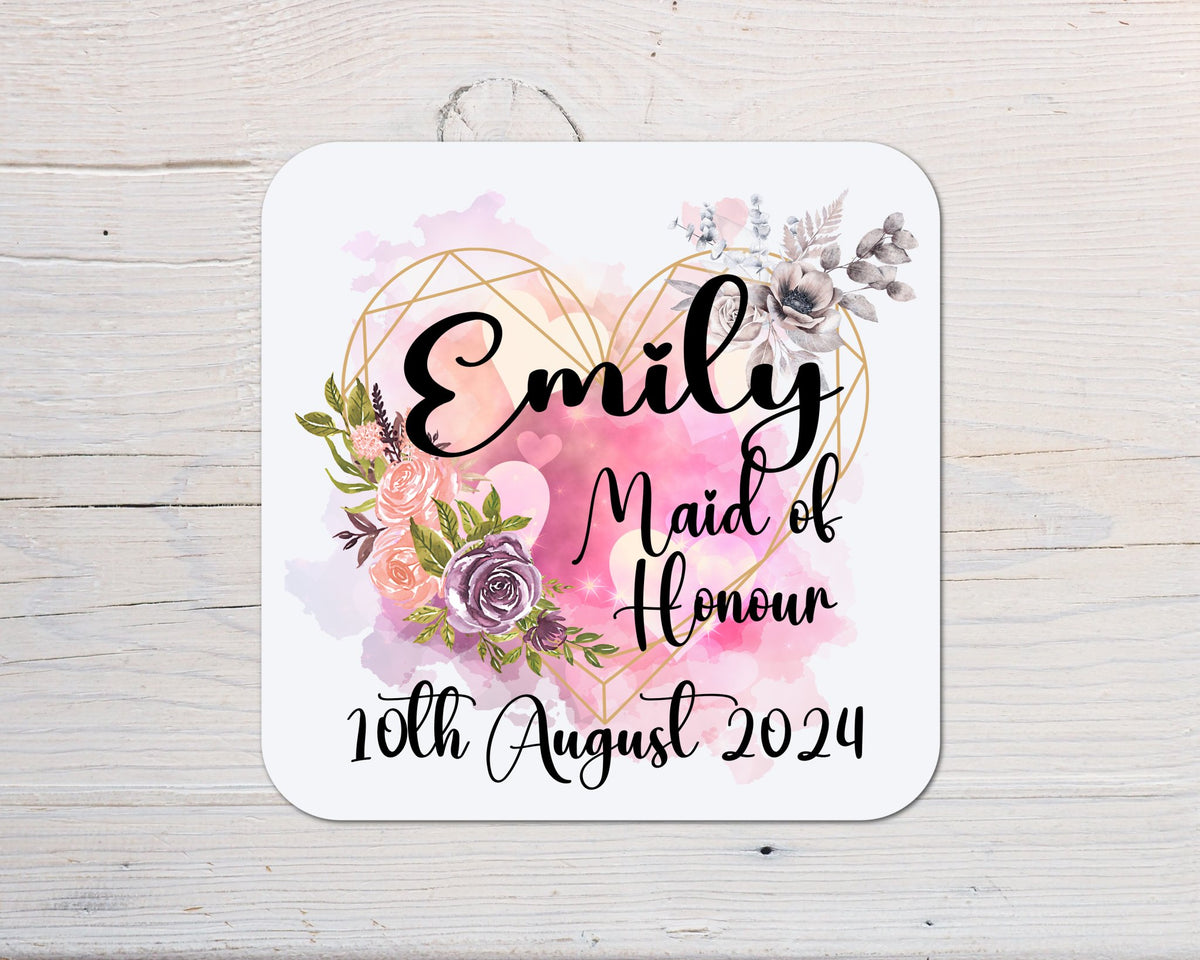 Wedding, Bride, Maid of Honour, Bridesmaid, Guest, Hen Night, Shower, Coaster personalised with any wording - Rainbowprint.uk