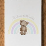 Welcome to the World Teddy Bear A4 Personalised Wall Print - rainbowprintshop